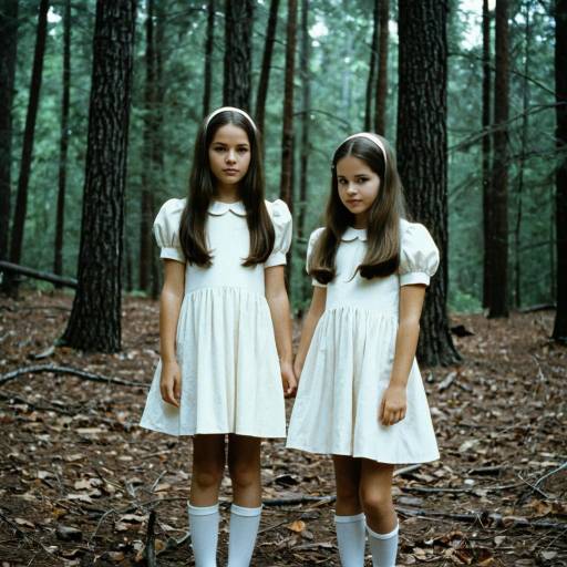 Twin Girls in White Dresses in Forest