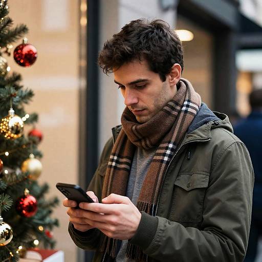 Man in Green Jacket at Christmas Window