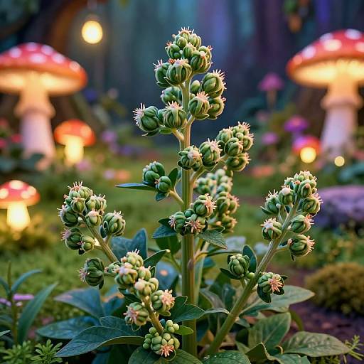Photograph of vibrant green, spiky, budding plants in a whimsical forest with glowing red and white mushrooms in the background.