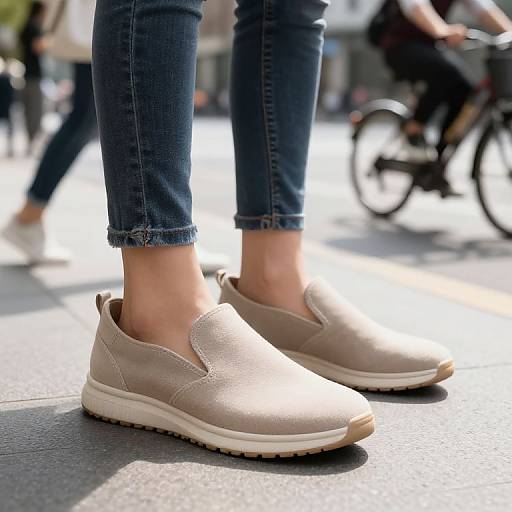 Photograph of a person's feet in beige slip-on shoes with white soles, wearing blue jeans, standing on a sunlit urban sidewalk with blurred