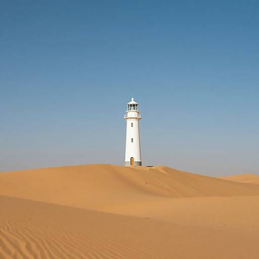 Photograph of a white lighthouse standing on a golden sand dune under a clear, bright blue sky.