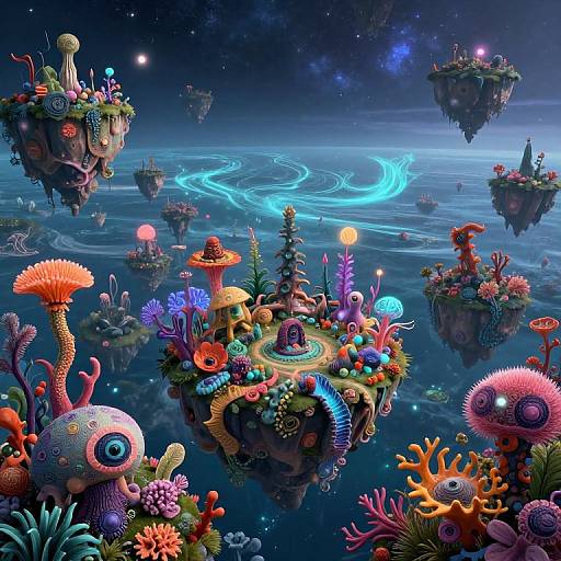 Vibrant digital art of floating, bioluminescent islands adorned with colorful, surreal coral, flowers, and alien-like creatures in a cosmic,