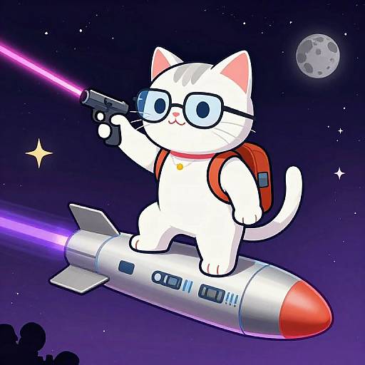 Cute cartoon white cat with glasses, red backpack, and laser gun rides a rocket through a starry night sky.