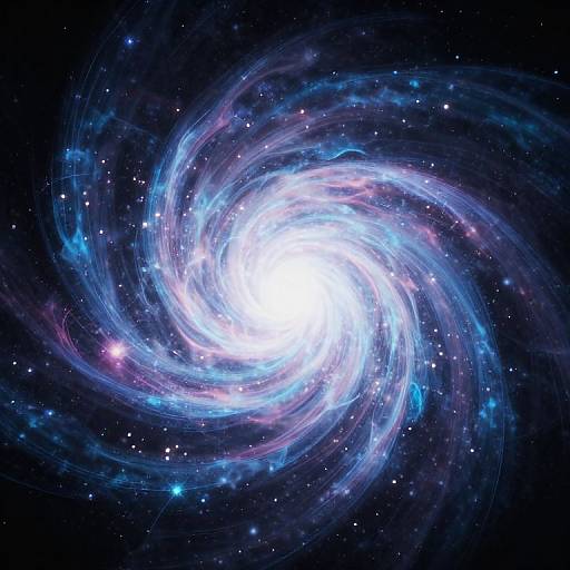 Photograph-like digital artwork of a vibrant, swirling spiral galaxy with a bright white core, surrounded by blue and pink neon-like tendrils, set against
