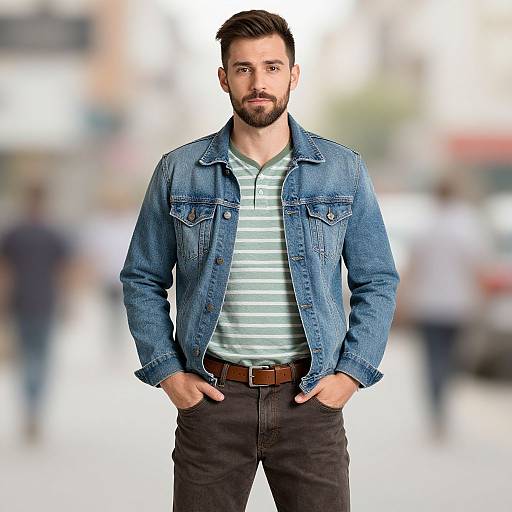 Photograph of a bearded man with short brown hair, wearing a blue denim jacket, green and white striped shirt, and black pants, standing with