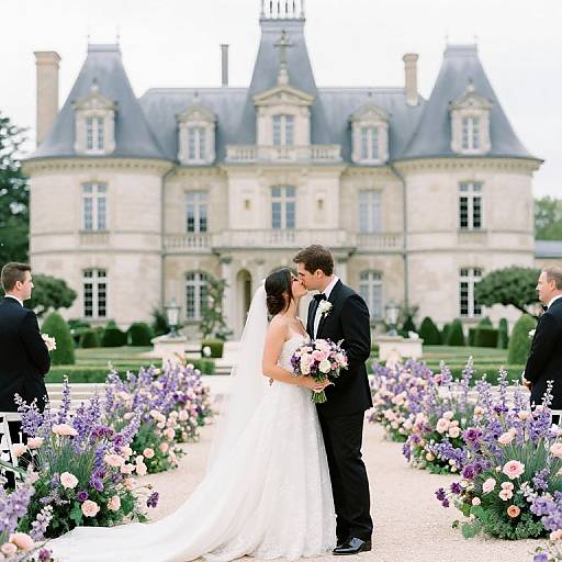 Photograph of a bride in white gown and veil, holding pink bouquet, kissing groom in black suit, in front of elegant chateau with lush lavender