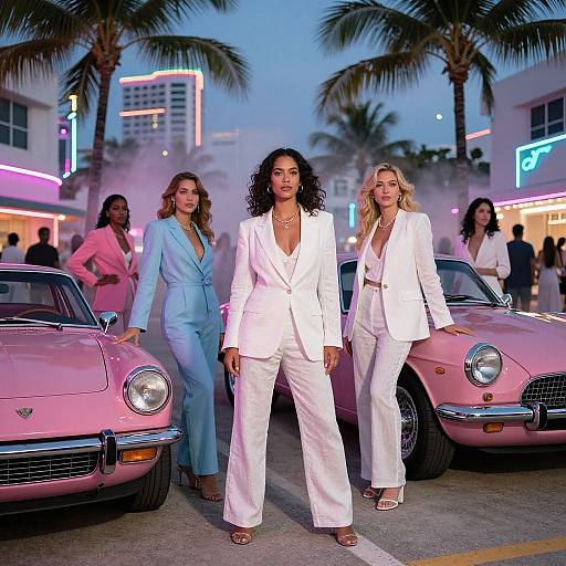 Photograph of three women in white and light blue suits standing between two pink vintage cars at dusk, palm trees and neon lights in the background.