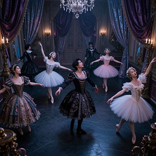 Photograph of six ballerinas in elaborate, Victorian-style costumes performing in an opulent, dimly-lit ballroom with a crystal chandelier