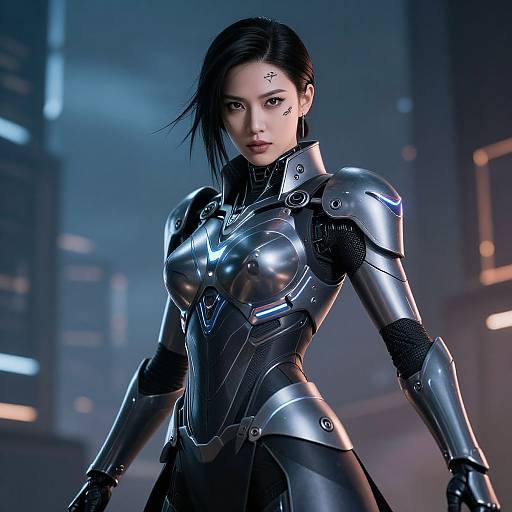 Photorealistic CGI of an Asian woman with black hair, wearing shiny, futuristic silver armor, standing confidently in a neon-lit cityscape.