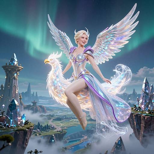 Digital art of a blonde, winged angel with glowing dress and wings, flying over a fantastical, illuminated mountainous landscape with northern lights.