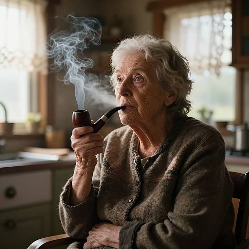 Photograph of an elderly woman with white hair, wearing a brown robe, smoking a pipe, with wisps of smoke, in a warmly lit,