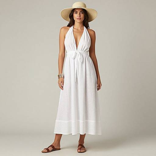 Photograph of a slender woman with medium brown skin, wearing a white halter sundress, beige wide-brim hat, brown sandals, and gold