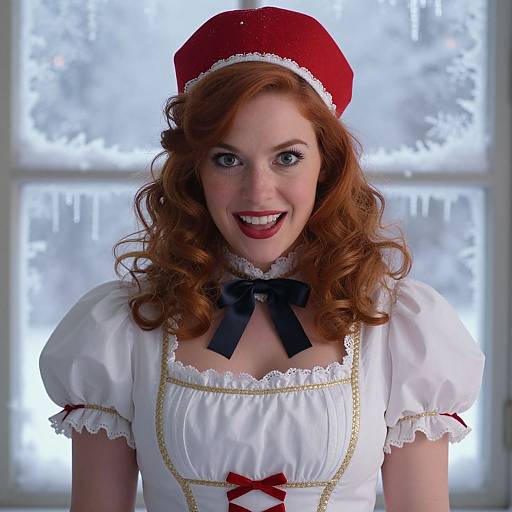 Photograph of a smiling redhead woman with curly hair, wearing a red beret, white puffed-sleeve dress with black ribbon and red bow