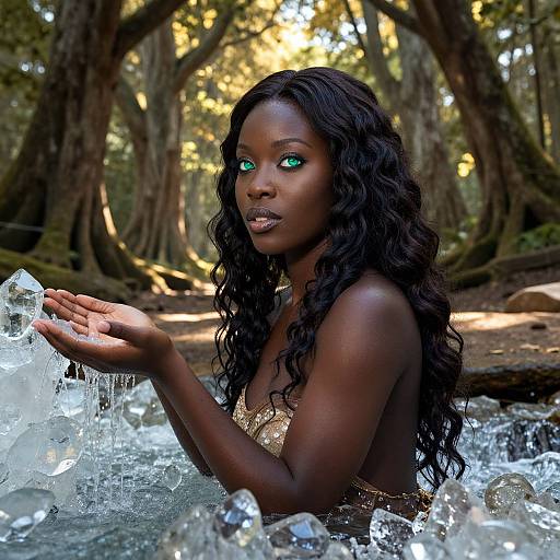 Photograph of a dark-skinned woman with glowing green eyes, long black curly hair, and gold top, holding ice cubes in a forest stream.