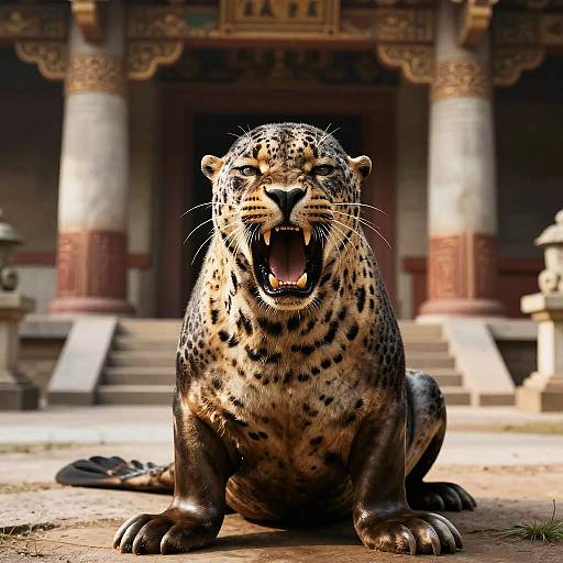Roaring Anthropomorphic Leopard Seal in Temple