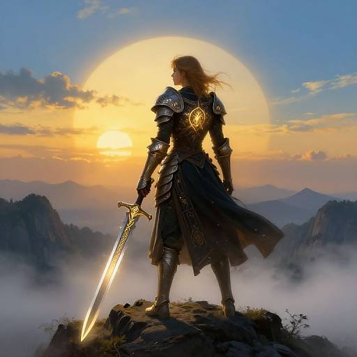 Epic digital art of a knight in shimmering armor, holding a glowing sword, standing on a rocky peak at sunset with a radiant moon in the