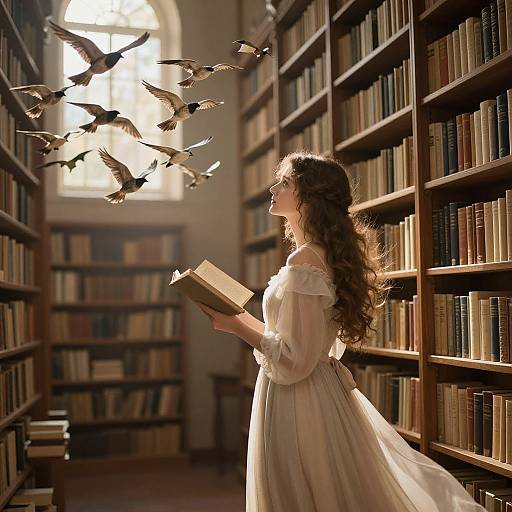 Photograph-like digital art: Long-haired woman in flowing white dress reads book in sunlit library, surrounded by flying birds. Bookshelves fill background
