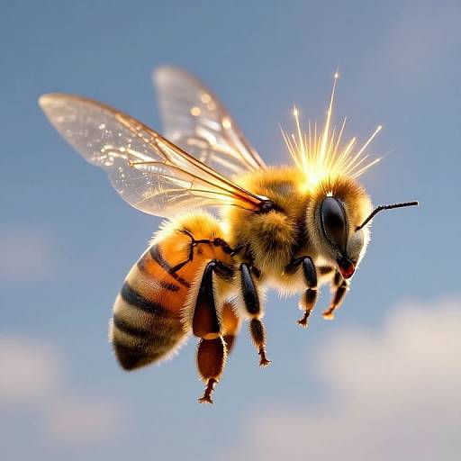 Close-up photograph of a glowing honeybee with shimmering wings against a bright blue sky and soft white clouds.