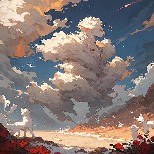 Neon White Cat in Night Landscape