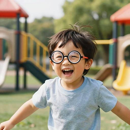 Photograph of a happy Asian boy with black, spiky hair wearing oversized round glasses and a light blue T-shirt, smiling widely in a sunlit
