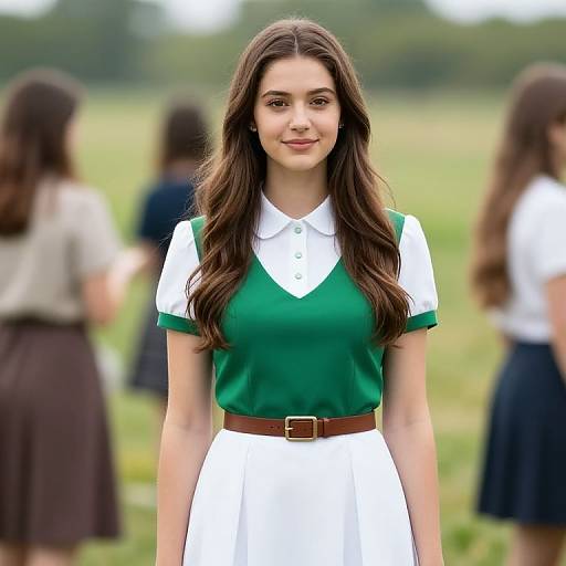 Photograph of a young woman with long brown hair, wearing a green and white school uniform, standing in a grassy field, with blurred classmates in