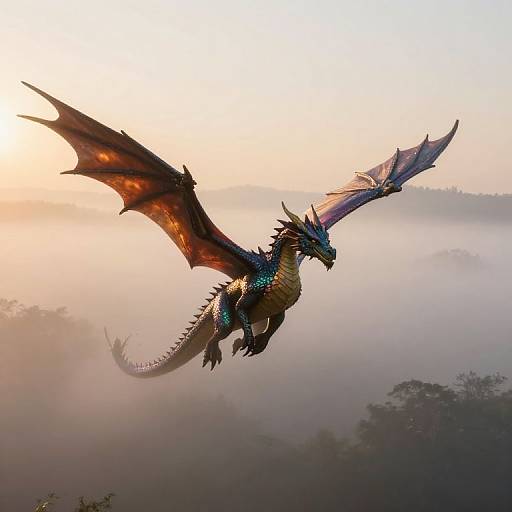 Photorealistic digital artwork of a majestic, blue-scaled dragon with red-orange wings soaring through a misty, sunrise-lit forest landscape.