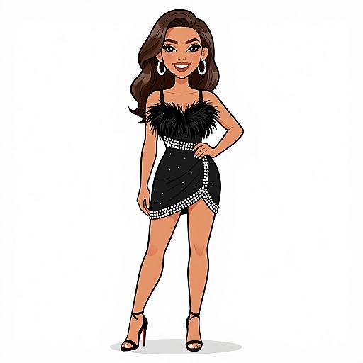 Cartoon-style illustration of a confident woman with long brown hair, wearing a black feathered dress, silver accents, hoop earrings, and black high heels