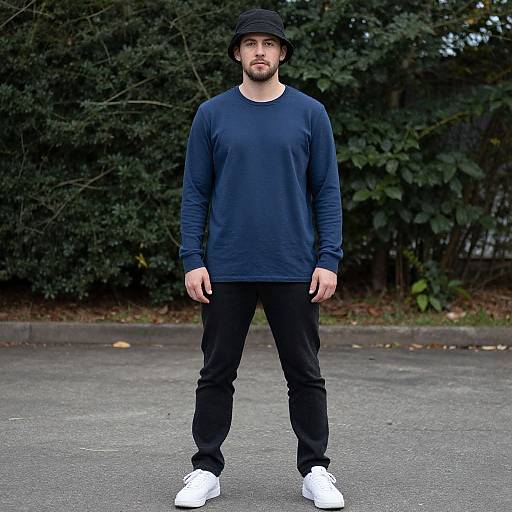 Photograph of a bearded man with pale skin, wearing a black bucket hat, navy long-sleeve shirt, black pants, and white sneakers