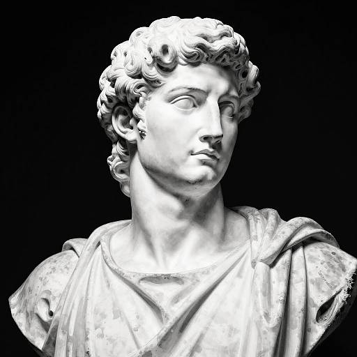 Photograph of a white marble classical statue with curly hair, wearing a draped garment, against a black background. The statue has a serene, slightly turned