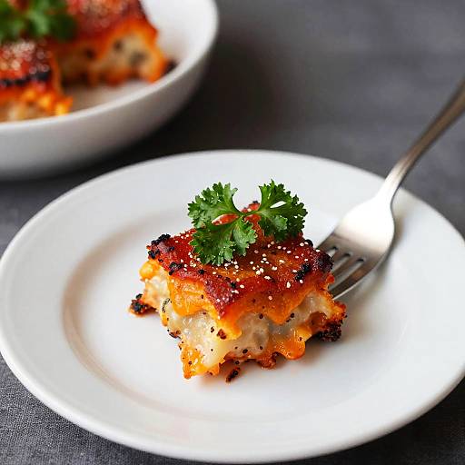 Photograph of a grilled, caramelized fish fillet with crispy edges, garnished with fresh parsley on a white plate, fork to the right,