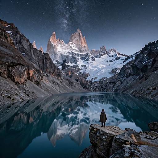 Photograph of a solitary figure in a dark coat standing on a rocky ledge, gazing at a serene mountain lake reflecting snow-capped peaks under a