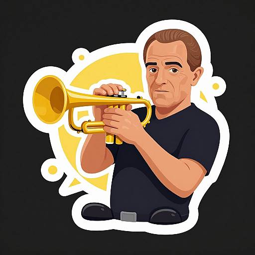 Cartoon illustration of a middle-aged man with light skin and brown hair, wearing a black shirt, playing a yellow trumpet against a black background with a