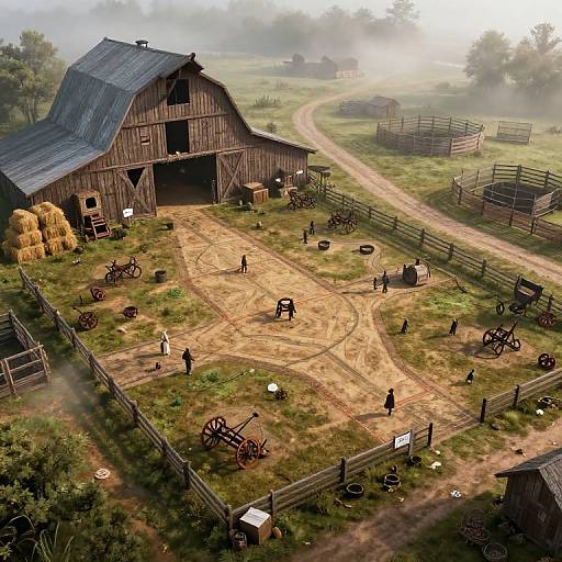 Photograph of a rustic farmyard with a weathered wooden barn, hay bales, scattered farm equipment, and small figures, surrounded by fences and