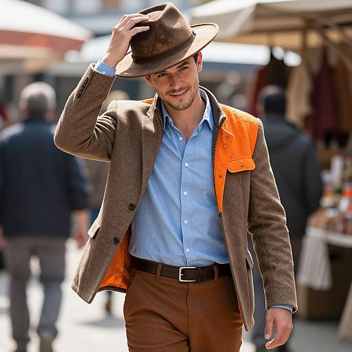 Photograph of a smiling man in a brown hat, blue shirt, brown jacket with orange lining, and brown pants, walking in a sunlit,