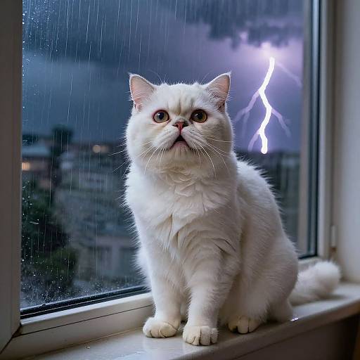 Photograph of a fluffy white cat with large yellow eyes, sitting on a windowsill, looking up at a lightning bolt through a rain-streaked