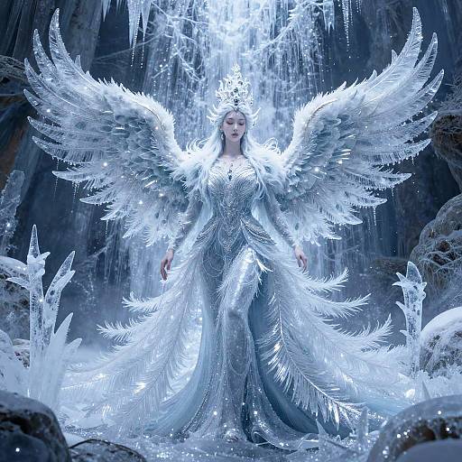 Photograph of a celestial, icy-winged angel in a shimmering white gown, standing amidst a sparkling ice cave, with glowing crystals and cascading