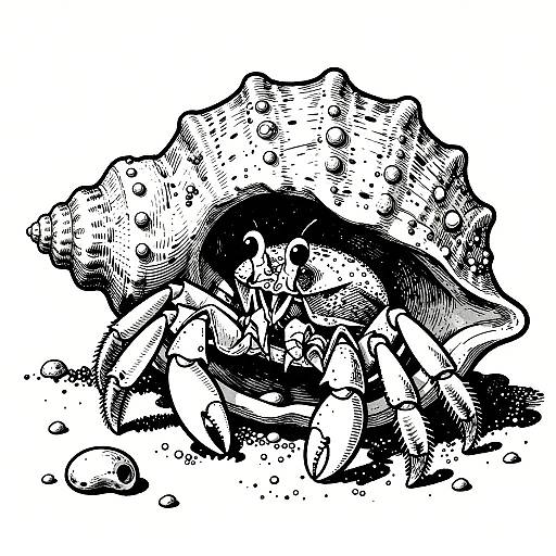 Hiroshige-Inspired Hermit Crab Line Art