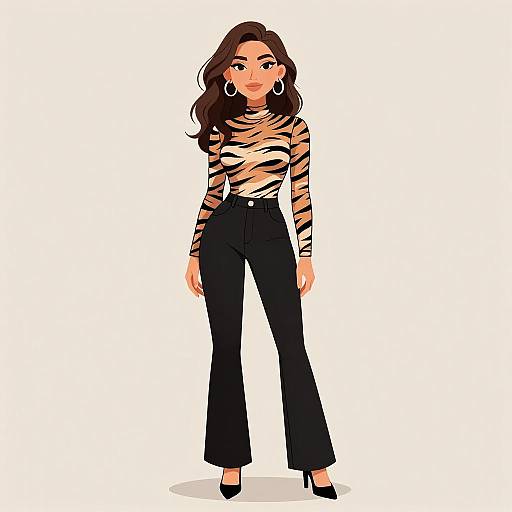 Digital illustration of a confident woman with long brown hair, wearing a zebra-print top, black high-waisted pants, and black heels, standing