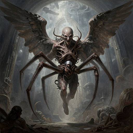 Digital fantasy artwork of a skeletal, winged, spider-like creature with glowing eyes, floating menacingly in a dark, gothic cathedral filled with skulls