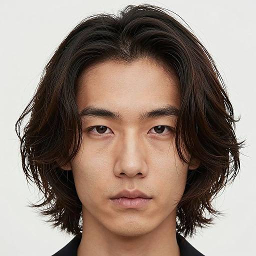 Photograph of an Asian man with medium-length, wavy black hair, light skin, and neutral expression, against a plain white background.