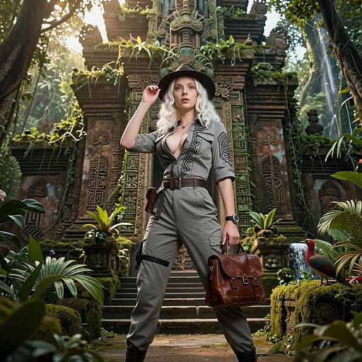 Photograph-style CGI of a white woman with long, wavy silver hair, wearing a gray jumpsuit, black hat, and brown leather bag,