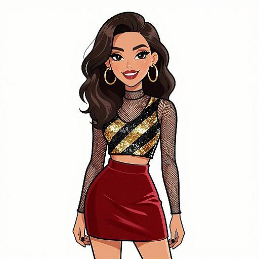 Digital illustration of a smiling woman with long brown hair, wearing a gold sequin, black mesh long-sleeve crop top and red mini-skirt
