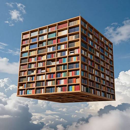 Floating library cube, mid-air, with colorful book spines in wooden shelves, against a bright blue sky with fluffy clouds. Digital artwork.