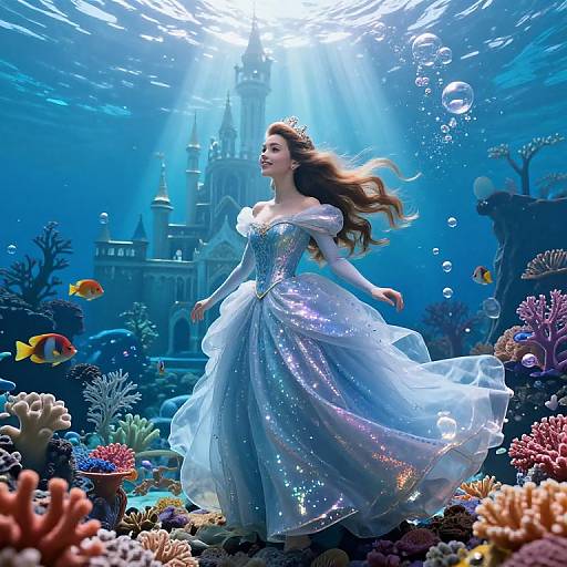 Digital illustration of a princess with flowing silver-blue gown and tiara, swimming underwater amidst colorful coral, bubbles, and a castle. Sunlight beams from