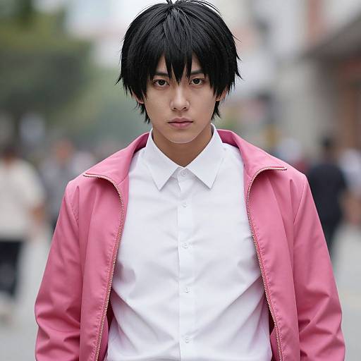 Photograph of an Asian man with black, messy hair, wearing a pink jacket over a white shirt, standing in a blurred urban street.