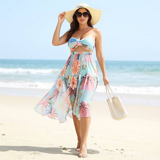 Photograph of a woman in a colorful floral sundress, straw hat, sunglasses, and sandals, walking on a sunny beach, holding a white tote
