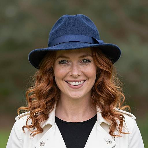 Smiling woman with blue hat and curly red hair
