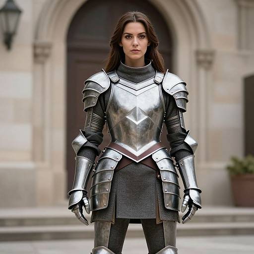 Photograph of a serious, dark-haired woman in silver medieval armor with a V-shaped chest plate, standing in front of a stone building with an ar