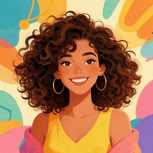 Digital illustration of a smiling Black woman with curly brown hair, large gold hoop earrings, yellow tank top, and pink jacket, set against a vibrant,