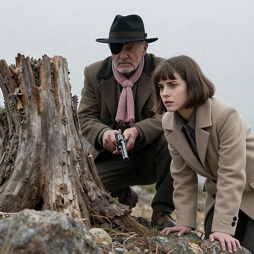 Man with Revolver and Woman in Rugged Outdoor Setting